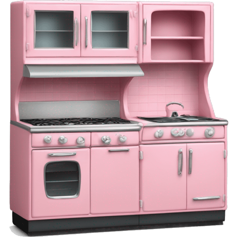 Isolated full length Realistic bubblegum vintage retro kitchen range with cabinets and counters. emoji