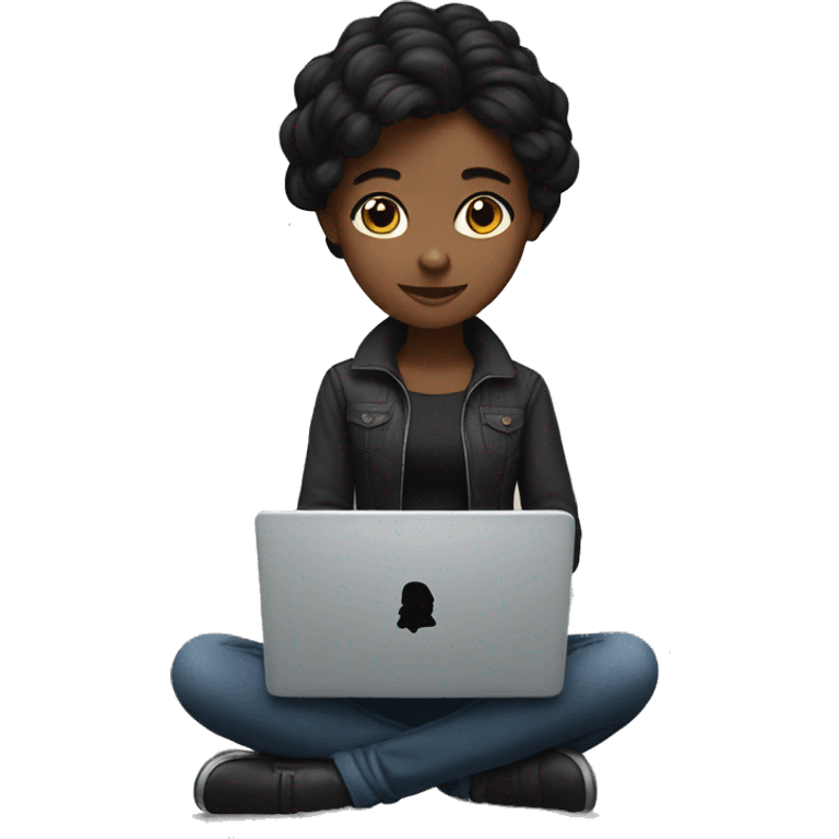 A dark-hair girl working with a laptop with a black heart behind emoji