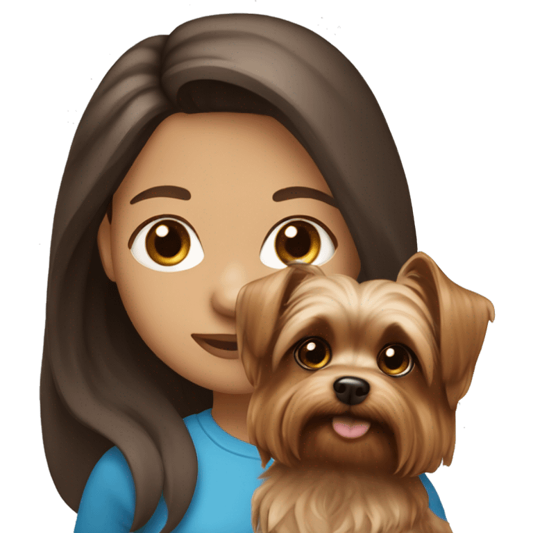 Girl with long brown hair, light skin and blue eyes holding a yorkie dog  emoji