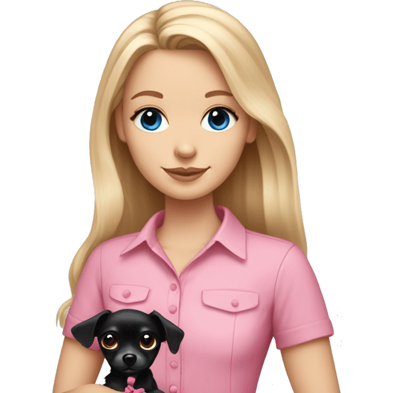 White girl with medium length blonde hair and blue eyes wearing a pink shirt holding a long haired black chihuahua wearing a pink bow emoji