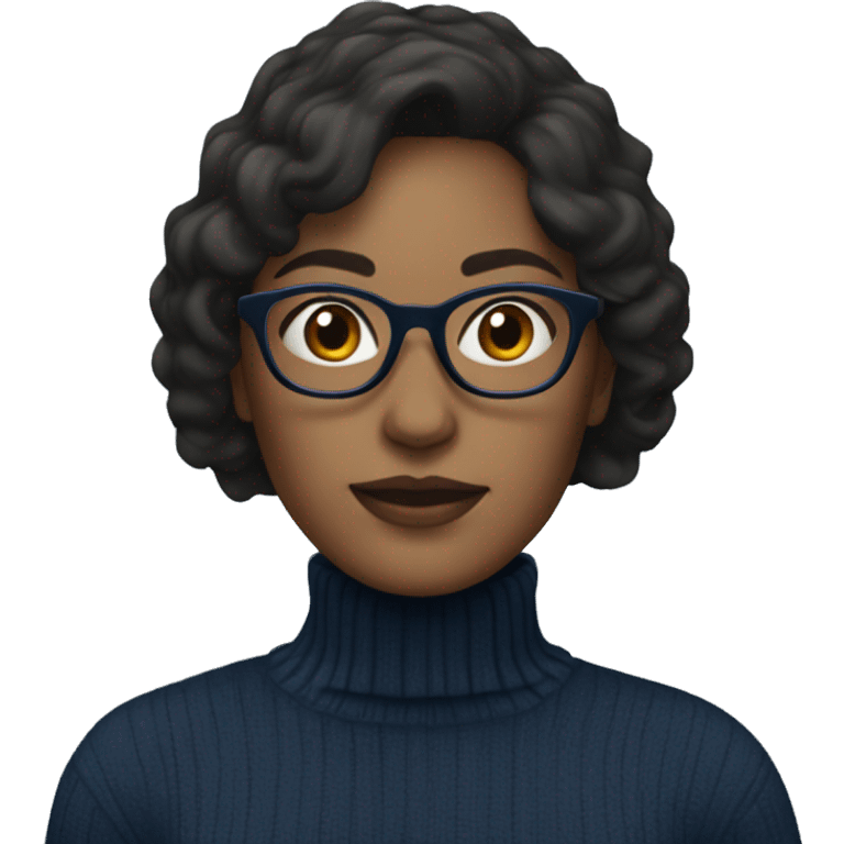 Woman with long, dark brown hair and glasses wearing a dark blue turtleneck  emoji