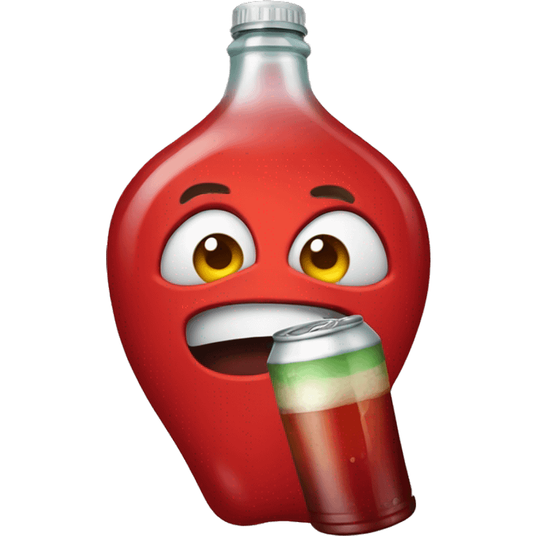 A red hearth emoji with eyes, a mouth, and hands, looking tipsy, holding a drink bottle, with a playful, drunken expression emoji