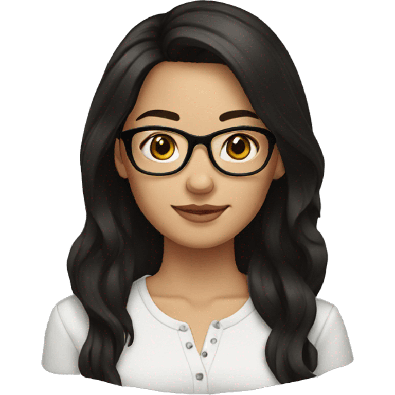 brunette woman with brown eyes, black hair color with glasses emoji