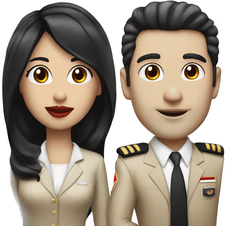 Flight attendant with long black hair, red lips and white skin with a pilot man with beige skin and black hair emoji