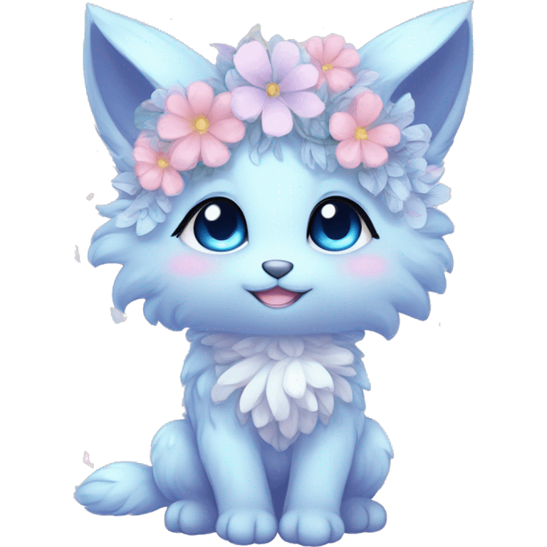 Anthro Cute Cool Blushing Pastel Innocent Shy Kawaii gorgeous sparkly ethereal fantasy anime animal creature with blue eyes furry sona with flowers and ribbons beautiful aesthetic emoji