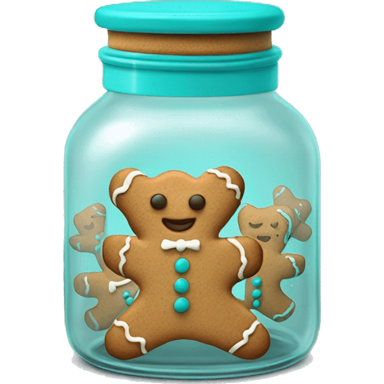 Realistic glass cookie jar with turquoise lid full of gingerbread cookies isolated.  emoji