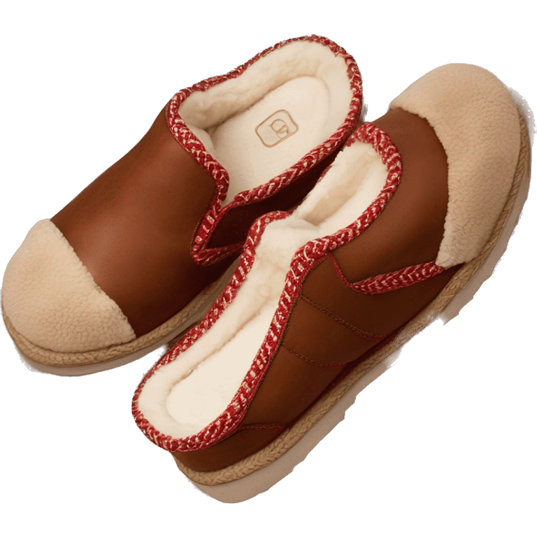 Chestnut colored low cut slip-on slippers. thin red woven zig-zag trim on the cuff, a red heel pull tab, and a thick platform sole. “UGG” emoji