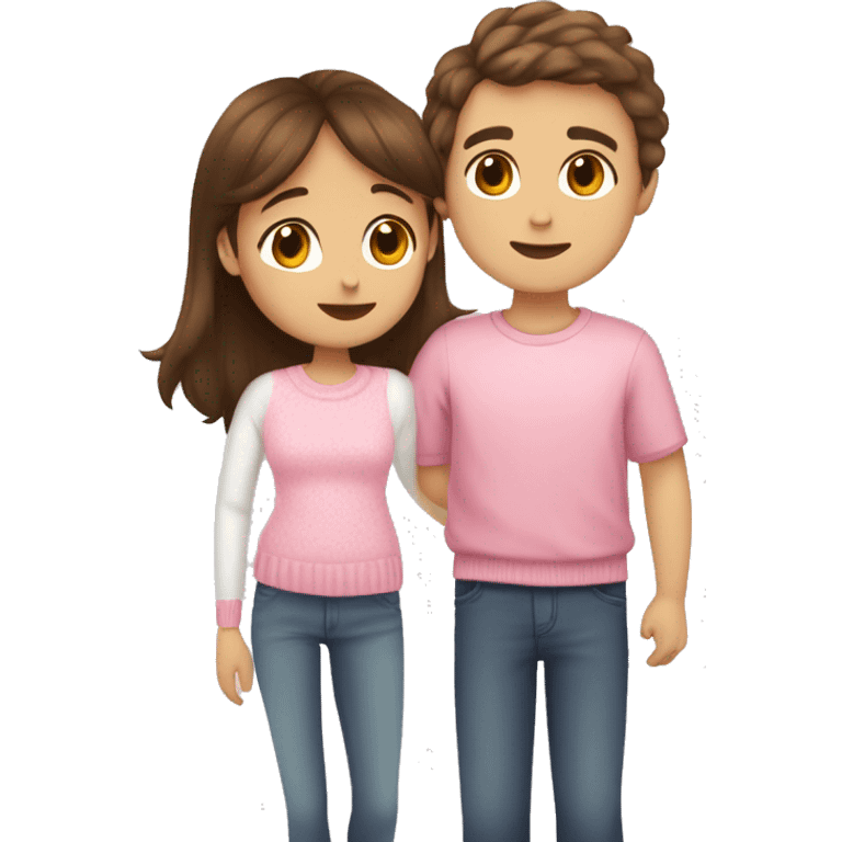 a boy with brown hair kisses a girl with brown hair and white bangs on the cheek, the girl is wearing a pink sweater and the boy is wearing a white T-shirt emoji