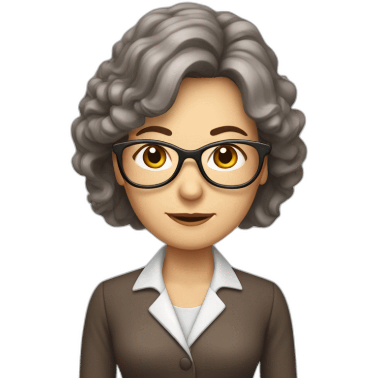 middle-aged accounting woman with brown longhair, a frindge, glasses and a loop emoji