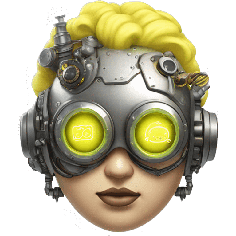 Fat Caucasian female cyborg head with Neon yellow bobbed hair, silver steampunk goggles and circuits emoji