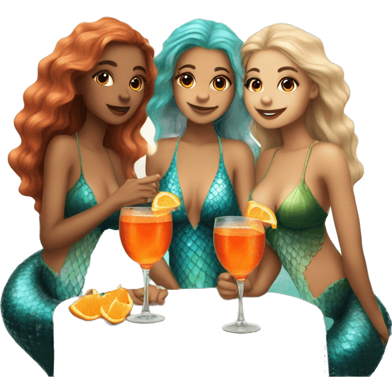 Three beautiful mermaids (light skin) drinking aperol emoji