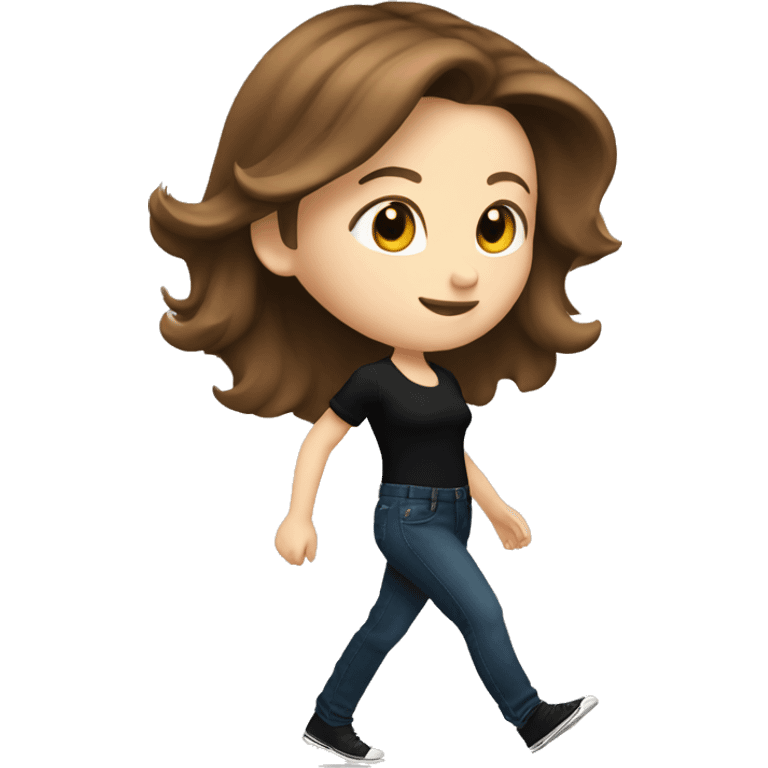 A beautiful white girl with shoulder-length brown hair in black jeans and a black blouse is walking to the right emoji