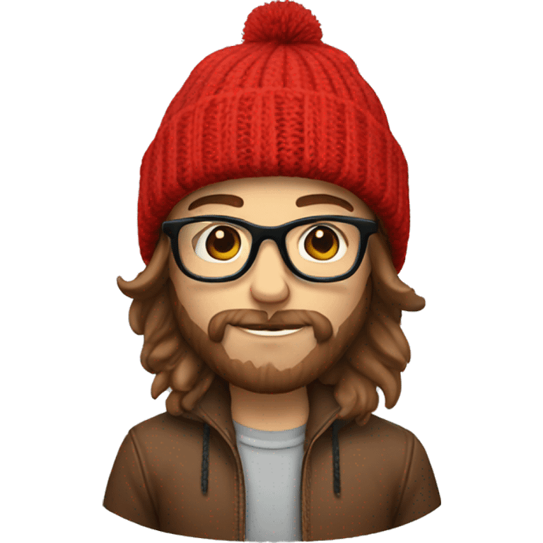 a hipster with brown hair, glasses, a beanie, with a red jacket on emoji