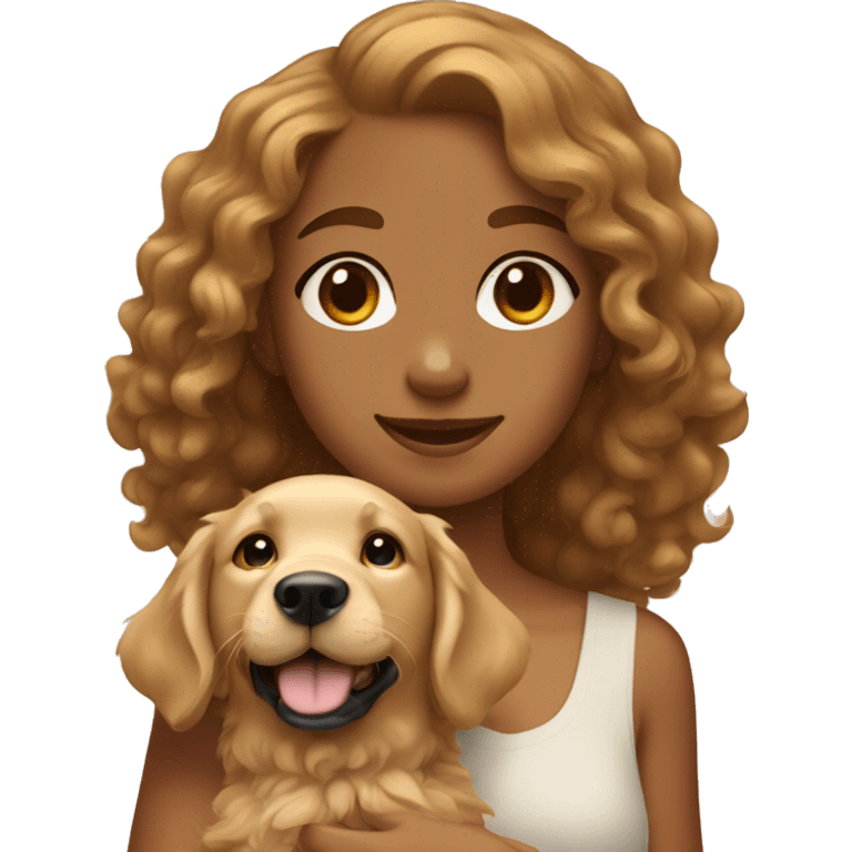 Tan skinned girl with  curly hair with a golden retriever puppy emoji