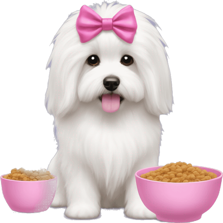 Long haired Coton de Tulear dog with pink harness and pink hair bow, pink dog bowl with kibbles emoji