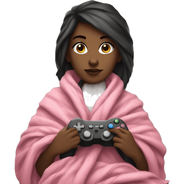 White girl with dark hair wrapped up in a blanket sitting on a couch with a pink gaming controller in her hands emoji