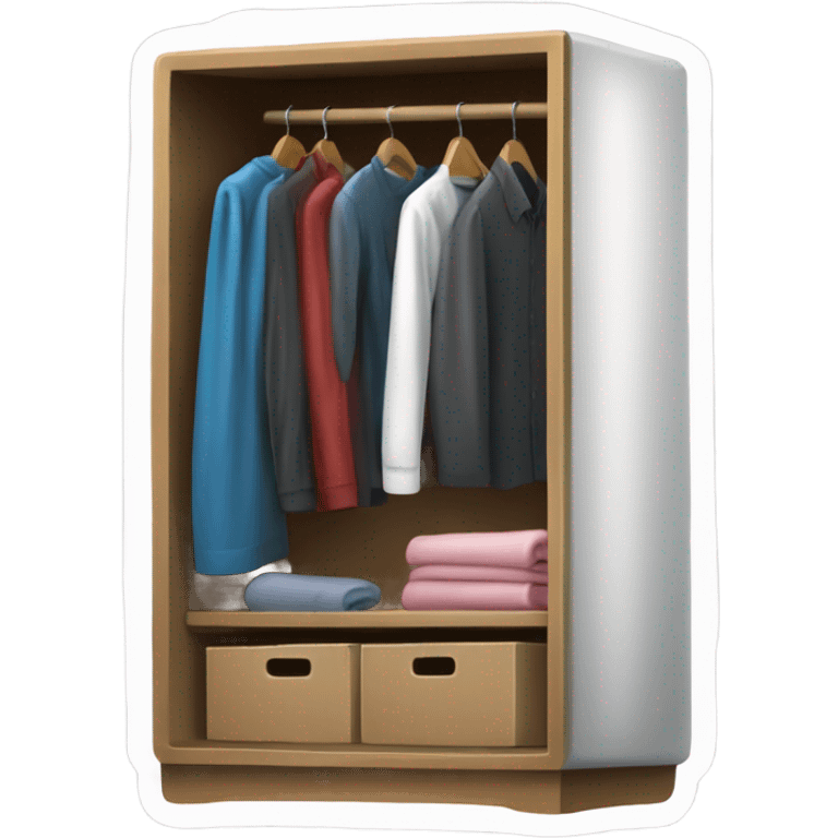 Design an emoji-style icon of an open wardrobe with clothes hanging inside. Include details like a wooden frame, hangers, and only black or white different clothing items such as shirts or any other clothing . Use a clean and minimalistic design. emoji