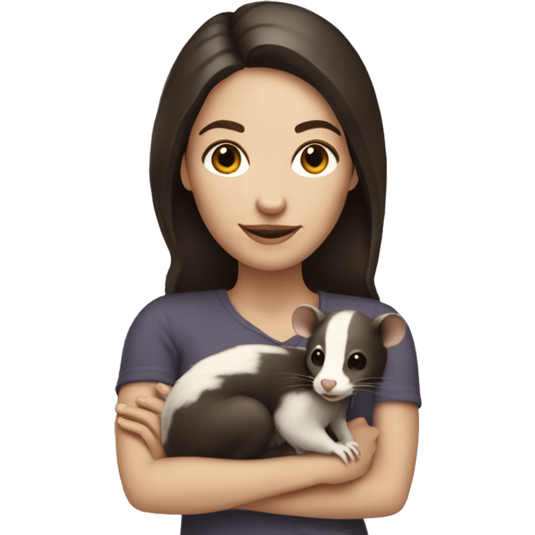 White woman dark brown hair holding opossum emoji