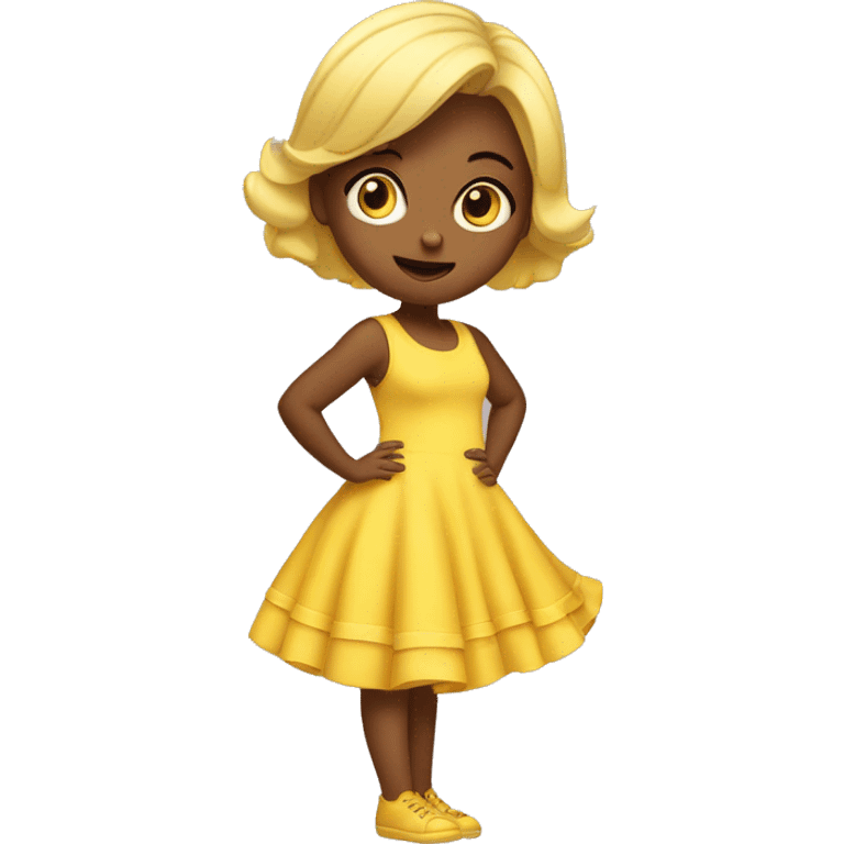 Girl in yellow dress doing a sassy pose with a little baby behind her on the bottom left emoji