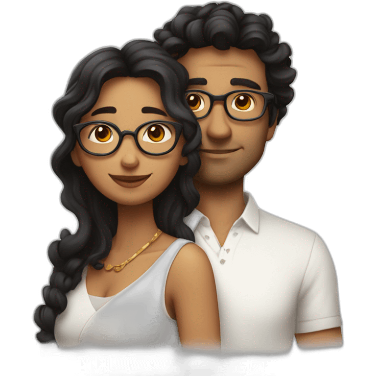 Indian woman with medium curly hair hugging a tall french man with black hair and glasses in a white shirt emoji