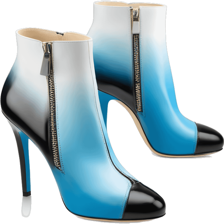 Realistic isolated top view of a pair of white,sky blue,and black ombre Jimmy Choo Stiletto Heel Zippered ankle bootie boots  emoji