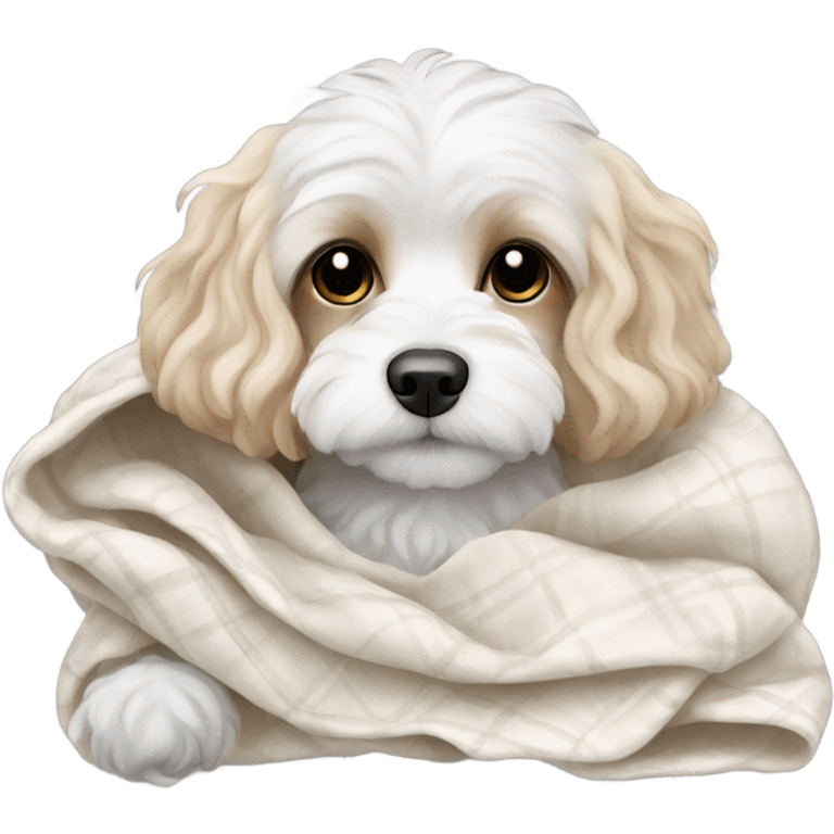 White cavachon dog cuddled in blanket  emoji