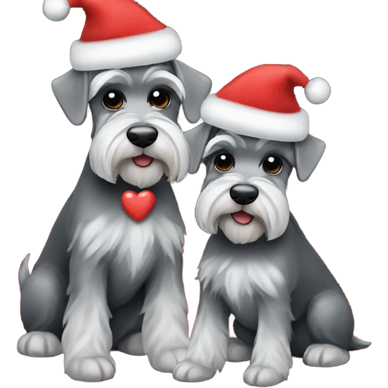 2 miniature schnauzers, 1 grey and 1 black, wearing Christmas hats with a heart above them emoji