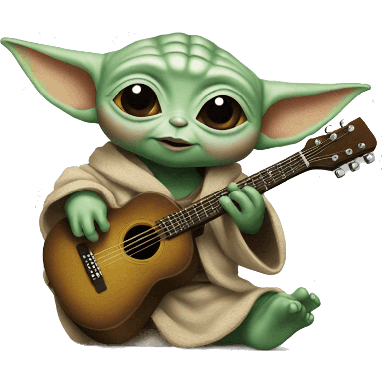 Baby Yoda holds a rock guitar emoji