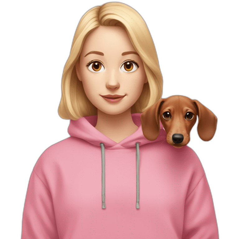 white girl with light eyes and dachshund puppy with pink oversized sweatshirt emoji