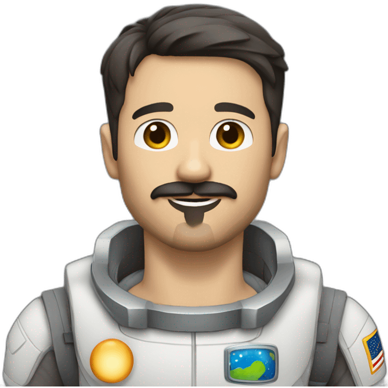 space explorer: male straight short dark hair, half body, greeting, moustache and goatee emoji