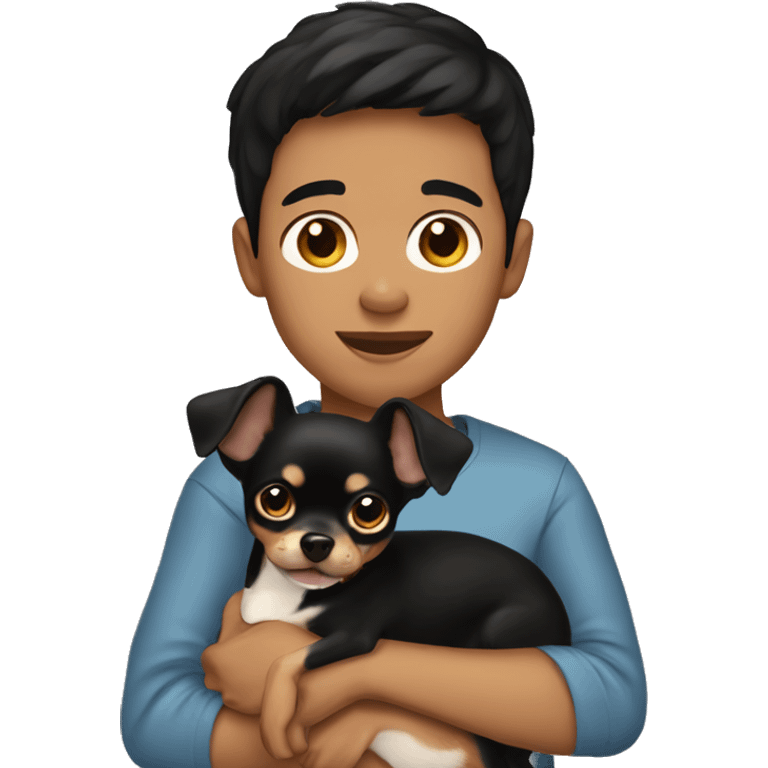 boy short black hair holding a black and brown chihuahua  emoji