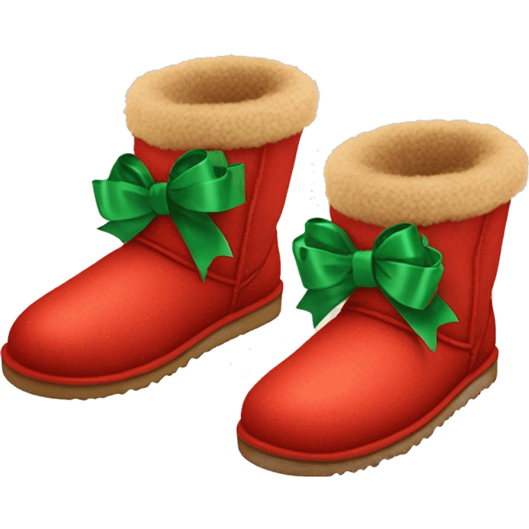 Realistic red Ugg fur boots with gree ribbon bows isolated.  emoji