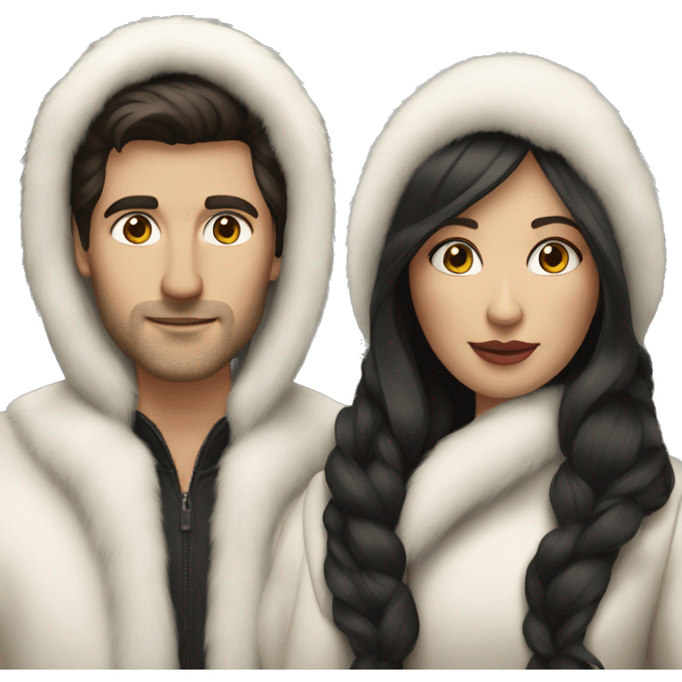 Dark haired White couple in long fur coats emoji