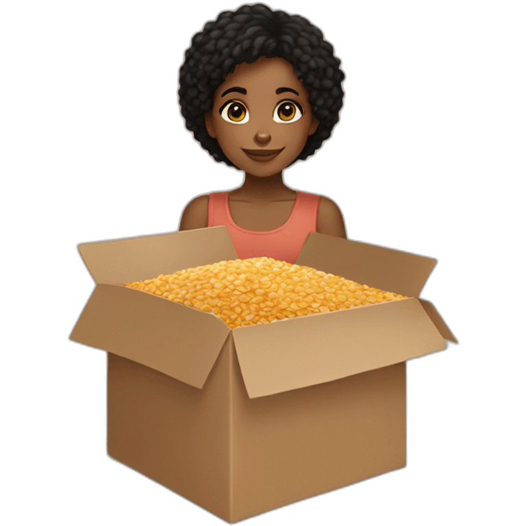 black girl, brown eyes, short black hair hugging a box of Lion cereals emoji