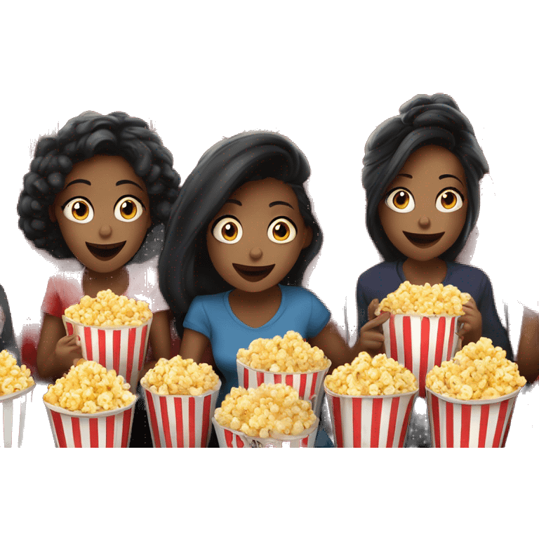 three beautiful ladies watching movie at the cinema eating popcorn, dark background emoji