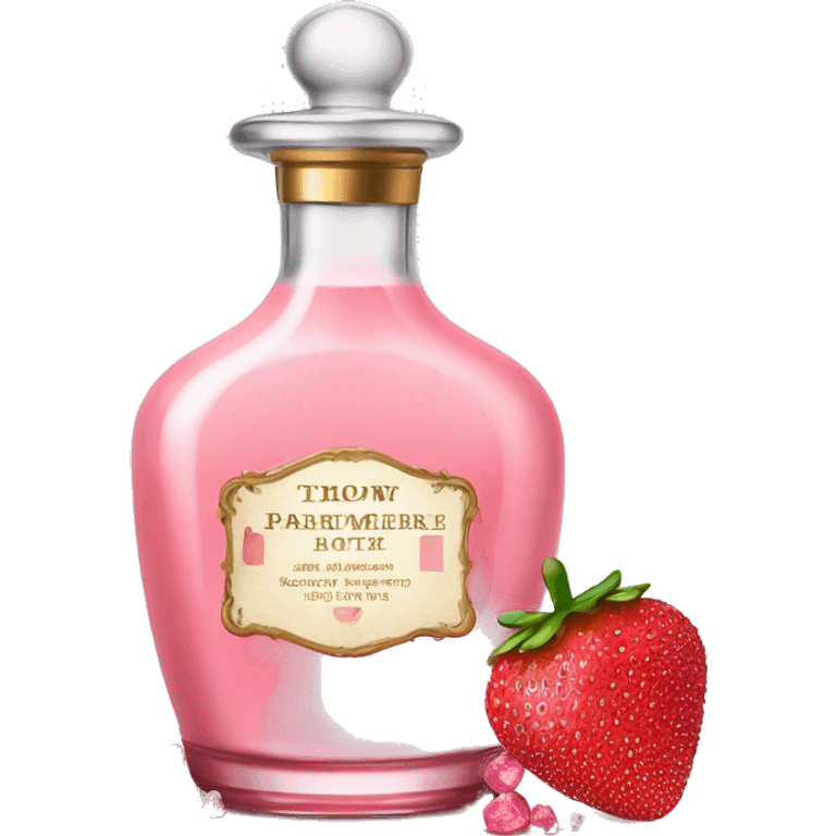 Antique parfumerie bottle with oil, made of red crystals, white cream and pink strawberry milk pour from the bottle emoji