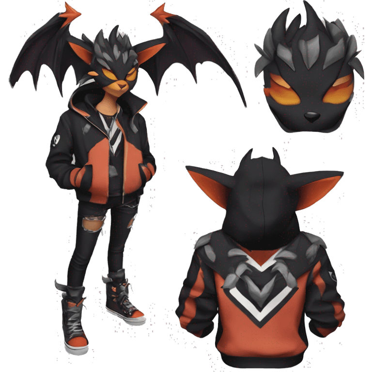 Cool Anthro Black Noivern-Quiana-Litten-Pokémon with edgy stripes hoodie spiked collar punk Full Body emoji