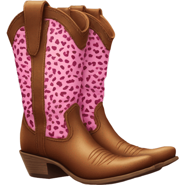 Realistic pair of isolated leather cowgirl boots with pink leopard print hearts on them. emoji