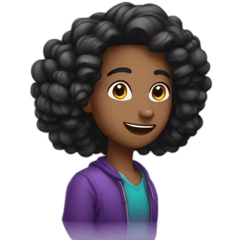 uma jovem, cabelo preto liso, usando roxo, com celular na mão emoji