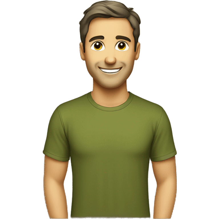 smiling man, olive color t-shirt,  emoji