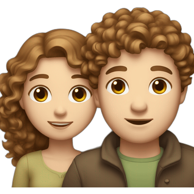 Couple, hugging, white European man with brown curly hair and blue eyes. chubby woman with long light brown curly hair and blue-green eyes. emoji