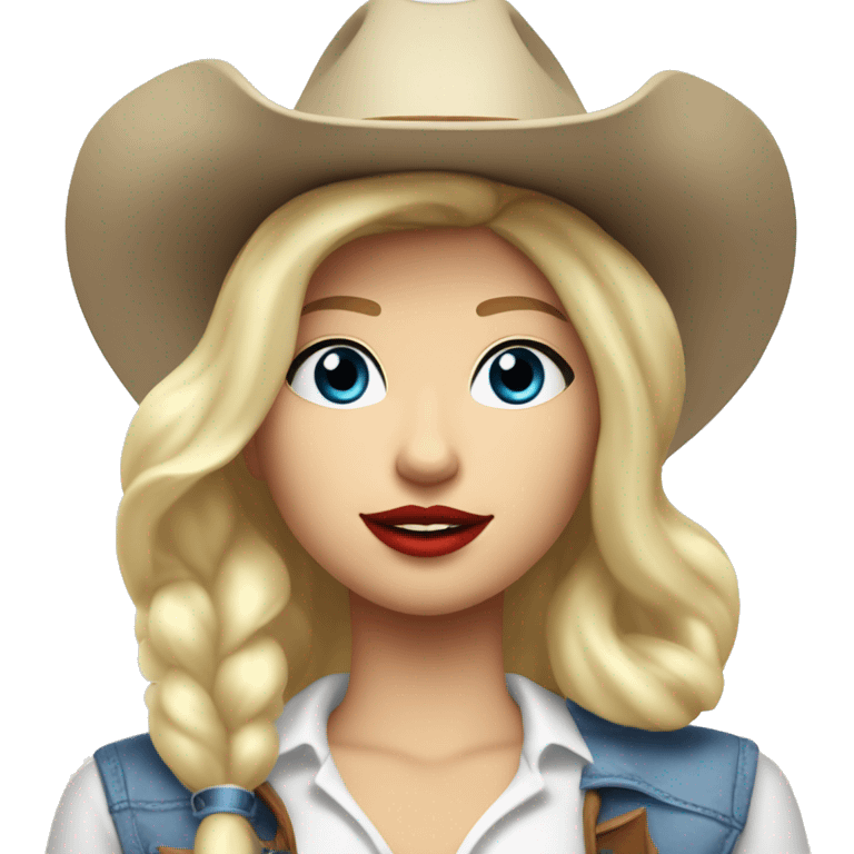 cowgirl with a white cowgirl hat and white scarf and blonde blowout BOB hair with red lipstick and BLUE EYES and a dimple and a white top emoji