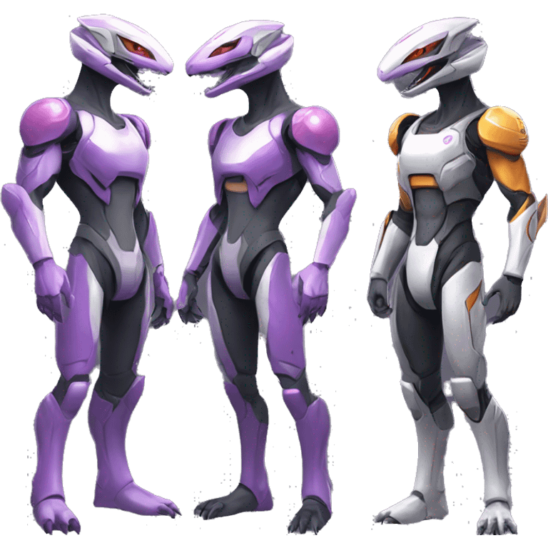 A Reptile-Raptor-Genesect-Mewtwo-Fakémon with a futuristic visor-helmet and wearing a techwear-suit Full Body emoji