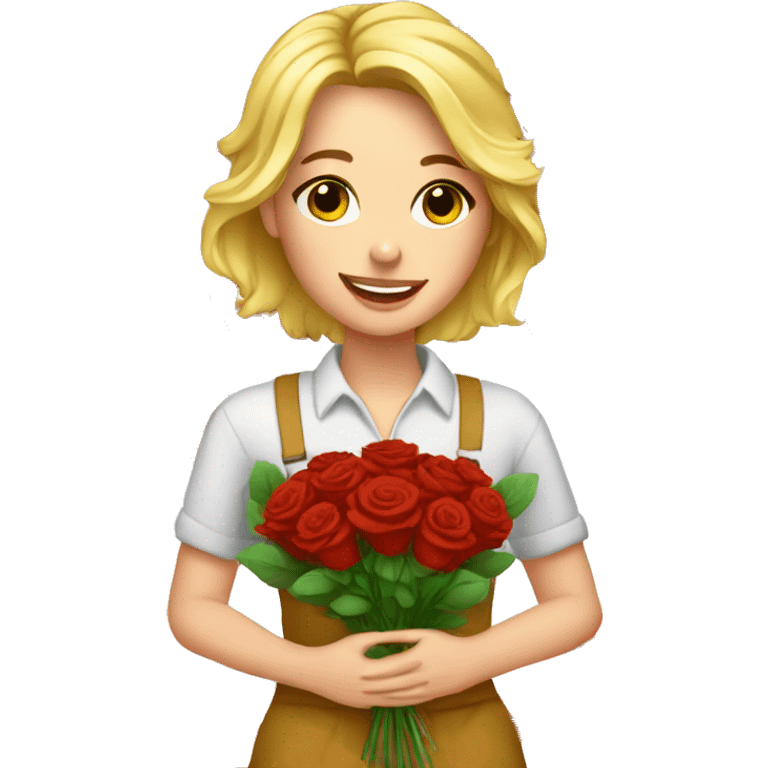 Florist blond with bouquet red roses in hands emoji