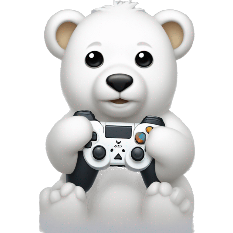 an adorable cute white bear holding a ps5 controller emoji