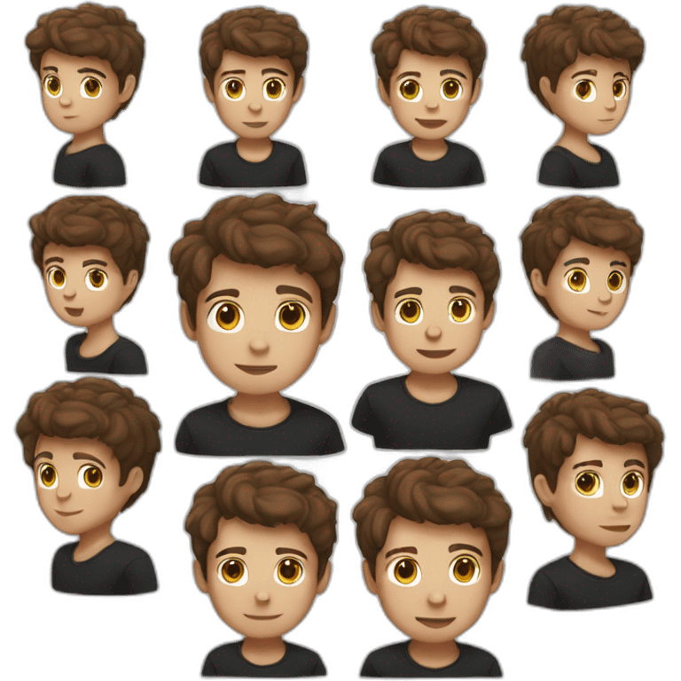 young man raising ahand, brown short hair, black t-shirt, white skin, head large emoji