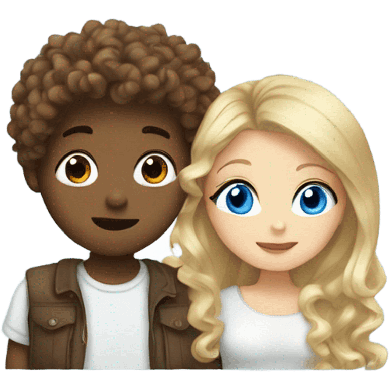 straight blonde hair blue eyed girl kissing mixed boy with curly brown hair emoji