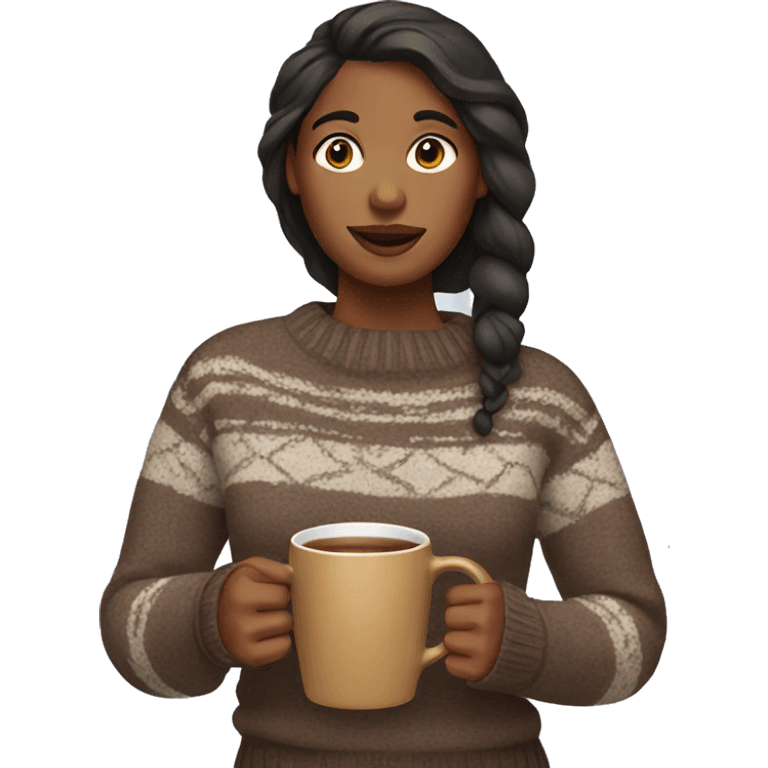 Brown woman wearing a sweater and a mug in her hand emoji