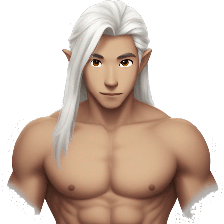 Asian masculine body shirtless abs long white hair elf  emoji