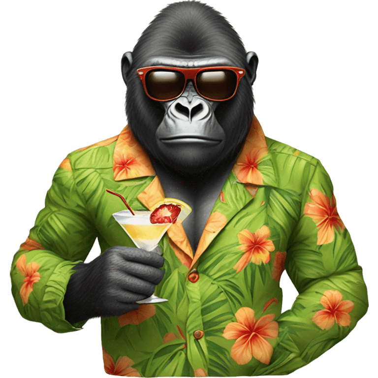 a gorilla wearing sunglasses and a hawaiian shirt, holding a martini emoji